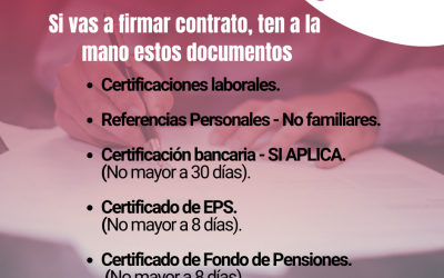 Si estás en algún proceso de contratación con Serviola, debes alistar estos documentos que son indispensables para la firma de contrato:  Certificaciones laborales
Referencias personales (no familiares)
Certificación bancaria (no mayor a 30 días)
Certificado de la EPS en la que te encuentras afiliado (no mayor a 8 días)
Certificado de Fondo de pensiones